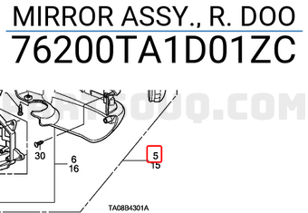Honda 76200TA1D01ZC MIRROR ASSY., R. DOO