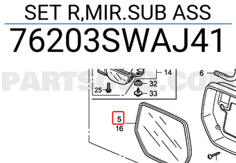 Honda 76203SWAJ41 SET R,MIR.SUB ASS