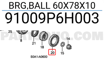 Honda 91009P6H003 BRG,BALL 60X78X10