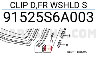 Honda 91525S6A003 CLIP D,FR WSHLD S
