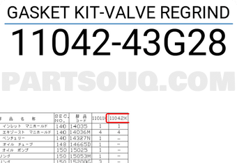 Nissan 1104243G28 GASKET KIT-VALVE REGRIND