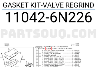 Nissan 110426N226 GASKET KIT-VALVE REGRIND