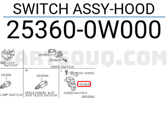 Nissan 253600W000 SWITCH ASSY-HOOD