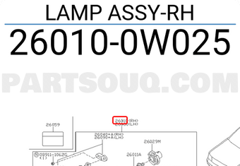 Nissan 260100W025 LAMP ASSY-RH
