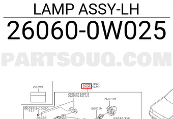 Nissan 260600W025 LAMP ASSY-LH