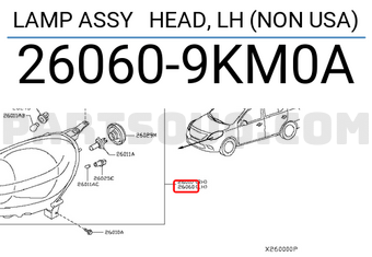 Nissan 260609KM0A LAMP ASSY HEAD, LH (NON USA)