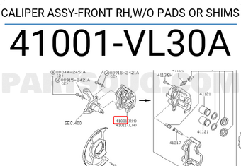 Nissan 41001VL30A CALIPER ASSY-FRONT RH,W/O PADS OR SHIMS