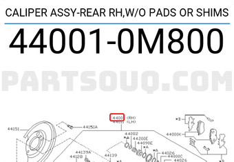 Nissan 440010M800 CALIPER ASSY-REAR RH,W/O PADS OR SHIMS