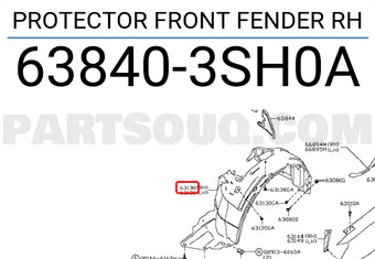 Nissan 638403SH0A PROTECTOR FRONT FENDER RH