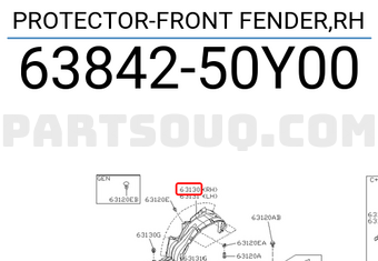 Nissan 6384250Y00 PROTECTOR-FRONT FENDER,RH