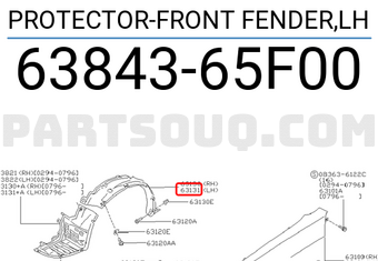 Nissan 6384365F00 PROTECTOR-FRONT FENDER,LH