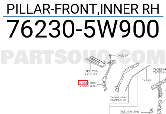 Nissan 762305W900 PILLAR-FRONT,INNER RH