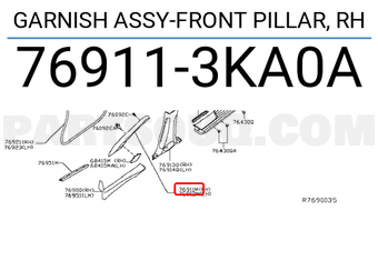 Nissan 769113KA0A GARNISH ASSY-FRONT PILLAR, RH
