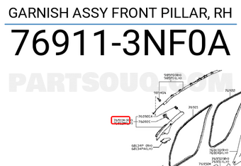 Nissan 769113NF0A GARNISH ASSY FRONT PILLAR, RH
