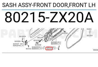 Nissan 80215ZX20A SASH ASSY-FRONT DOOR,FRONT LH