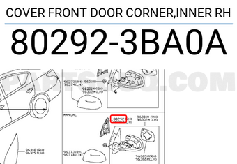 Nissan 802923BA0A COVER FRONT DOOR CORNER,INNER RH