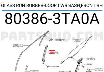 Nissan 803863TA0A GLASS RUN RUBBER-DOOR LWR SASH,FRONT RH