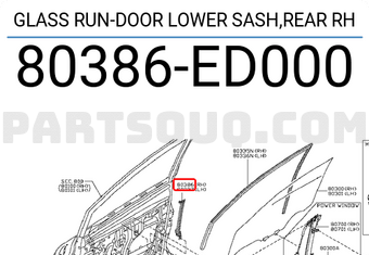 Nissan 80386ED000 GLASS RUN-DOOR LOWER SASH,REAR RH