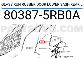 Nissan 803875RB0A GLASS RUN RUBBER DOOR LOWER SASH,REAR L