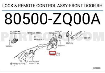Nissan 80500ZQ00A LOCK & REMOTE CONTROL ASSY-FRONT DOOR,RH