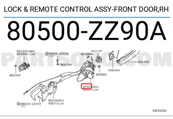 Nissan 80500ZZ90A LOCK & REMOTE CONTROL ASSY-FRONT DOOR,RH