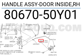 Nissan 8067050Y01 HANDLE ASSY-DOOR INSIDE,RH