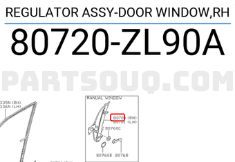 Nissan 80720ZL90A REGULATOR ASSY-DOOR WINDOW,RH