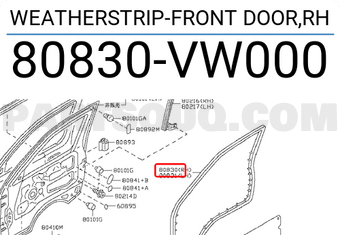 Nissan 80830VW000 WEATHERSTRIP-FRONT DOOR,RH