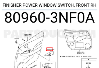 Nissan 809603NF0A FINISHER POWER WINDOW SWITCH, FRONT RH