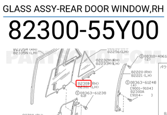 Nissan 8230055Y00 GLASS ASSY-REAR DOOR WINDOW,RH