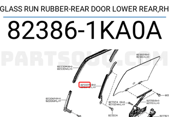 Nissan 823861KA0A GLASS RUN RUBBER-REAR DOOR LOWER REAR,RH