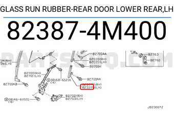 Nissan 823874M400 GLASS RUN RUBBER-REAR DOOR LOWER REAR,LH