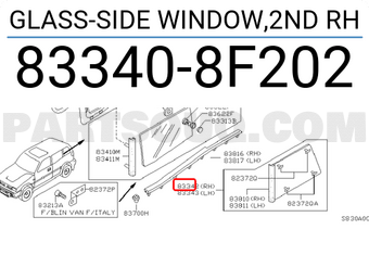 Nissan 833408F202 GLASS-SIDE WINDOW,2ND RH