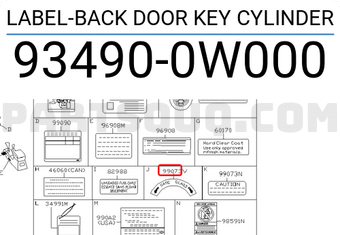 Nissan 934900W000 LABEL-BACK DOOR KEY CYLINDER