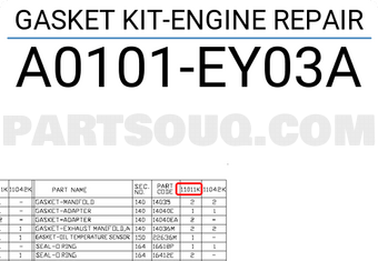 Nissan A0101EY03A GASKET KIT-ENGINE REPAIR