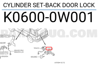 Nissan K06000W001 CYLINDER SET-BACK DOOR LOCK