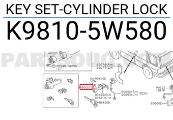 Nissan K98105W580 KEY SET-CYLINDER LOCK