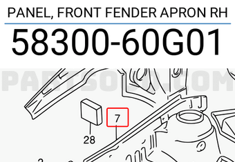 Suzuki 5830060G01 PANEL, FRONT FENDER APRON RH