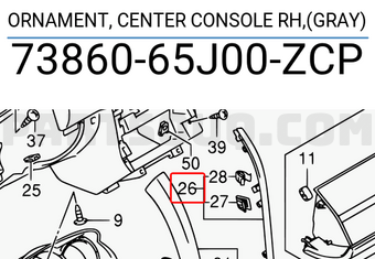 Suzuki 7386065J00ZCP ORNAMENT, CENTER CONSOLE RH,(GRAY)