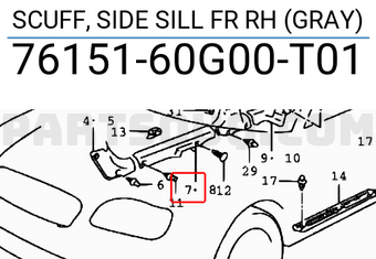 Suzuki 7615160G00T01 SCUFF, SIDE SILL FR RH (GRAY)