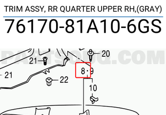 Suzuki 7617081A106GS TRIM ASSY, RR QUARTER UPPER RH,(GRAY)