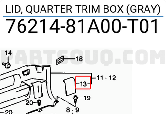 Suzuki 7621481A00T01 LID, QUARTER TRIM BOX (GRAY)