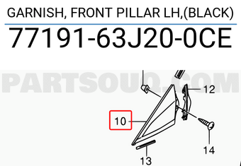 Suzuki 7719163J200CE GARNISH, FRONT PILLAR LH,(BLACK)