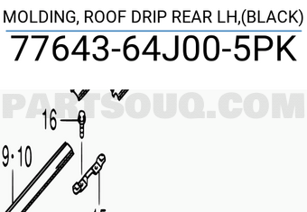 Suzuki 7764364J005PK MOLDING, ROOF DRIP REAR LH,(BLACK)