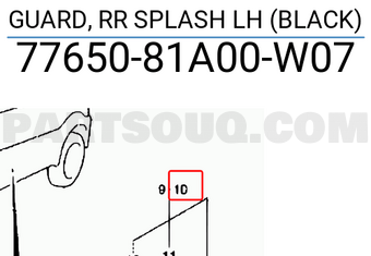 Suzuki 7765081A00W07 GUARD, RR SPLASH LH (BLACK)