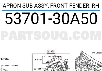 Toyota 5370130A50 APRON SUB-ASSY, FRONT FENDER, RH
