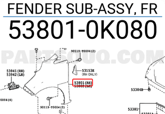 Toyota 538010K080 FENDER SUB-ASSY, FR