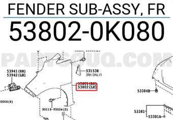 Toyota 538020K080 FENDER SUB-ASSY, FR