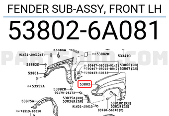 Toyota 538026A081 FENDER SUB-ASSY, FRONT LH