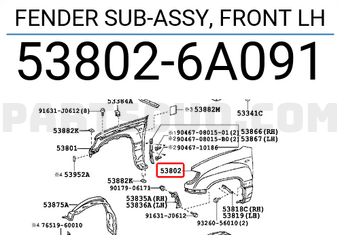 Toyota 538026A091 FENDER SUB-ASSY, FRONT LH